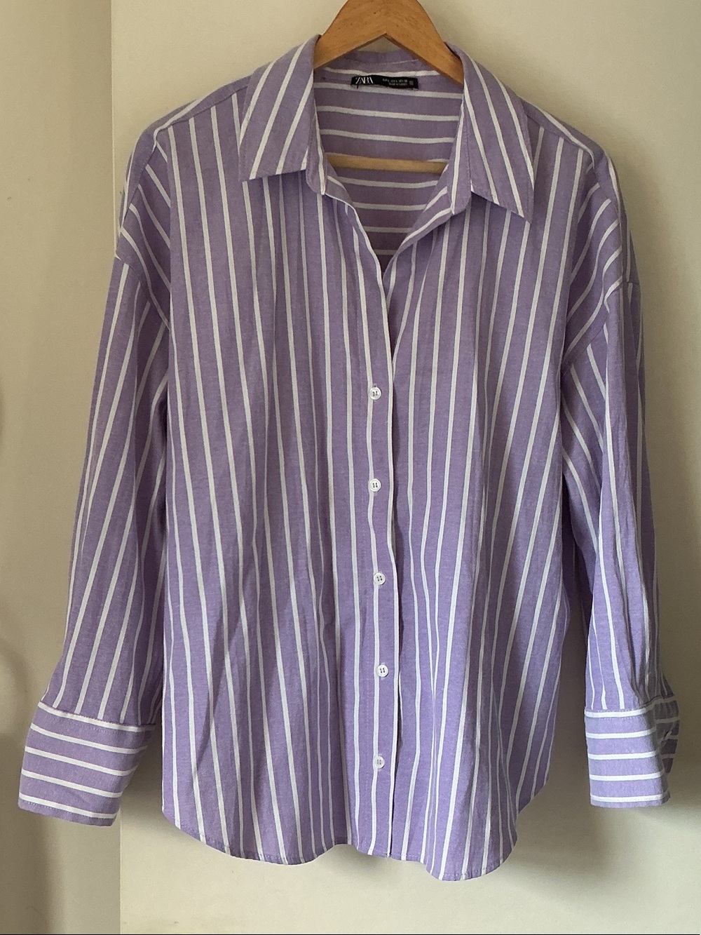 Zara Lavender and White Oversized Striped Button-Down Shirt